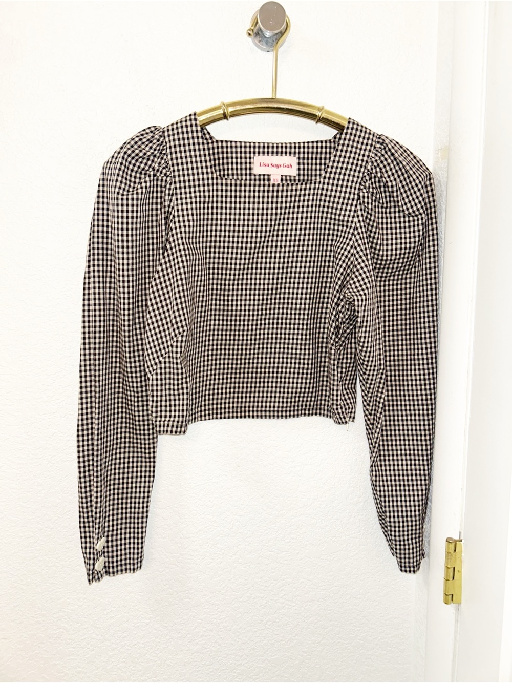 LISA SAYS GAH The Maddie Puff LongSleeve Gingham SquareNeck Blouse Cotton SZ: XS